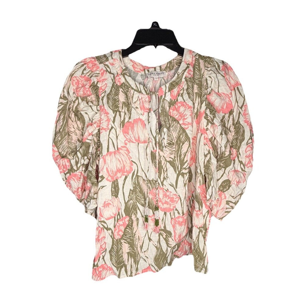 Laura Ashley Cottage L Floral Linen Top Puff Sleeve Pink Green Beads Tassel Read